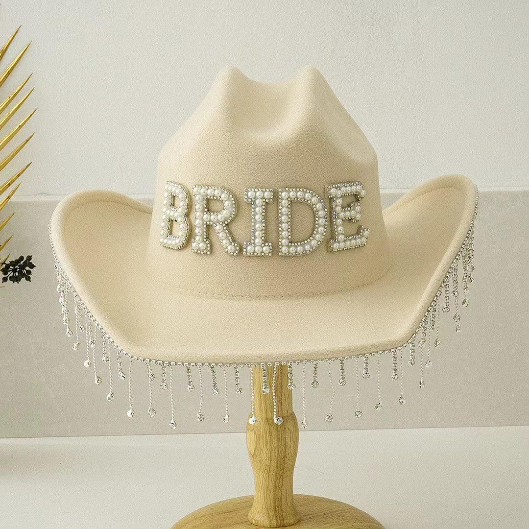 Exquisito sombrero de vaquero con borlas y incrustaciones de perlas para novia - Champán - Ajustable (aproximadamente 21 5/8"-23 1/4") - image 4