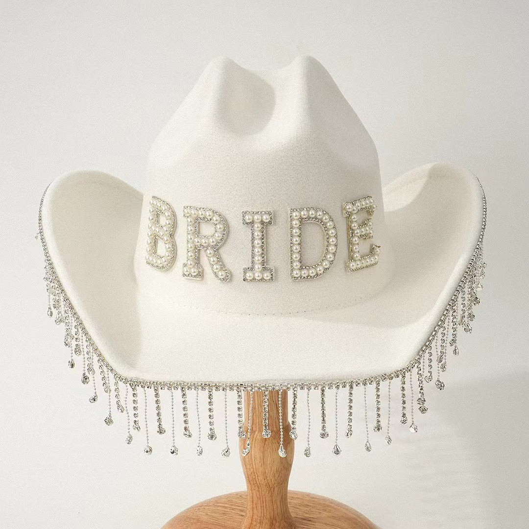Exquisito sombrero de vaquero con borlas y incrustaciones de perlas para novia - Blanco - Ajustable (aproximadamente 21 5/8"-23 1/4") - image 2