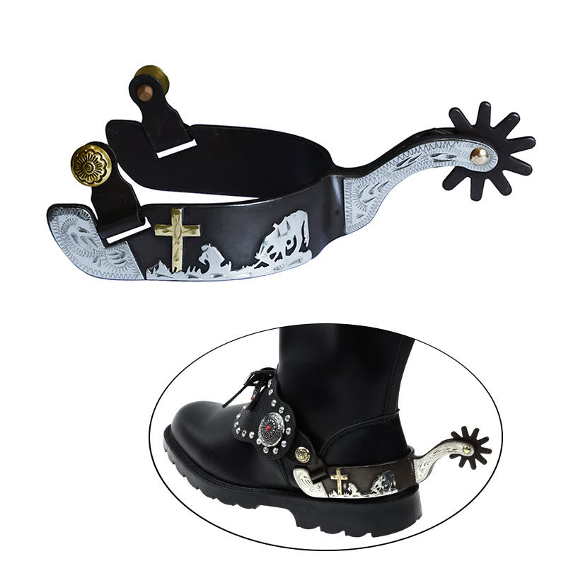 Espuelas cruzadas talladas en cobre blanco y negro con hebillas de latón - image 1