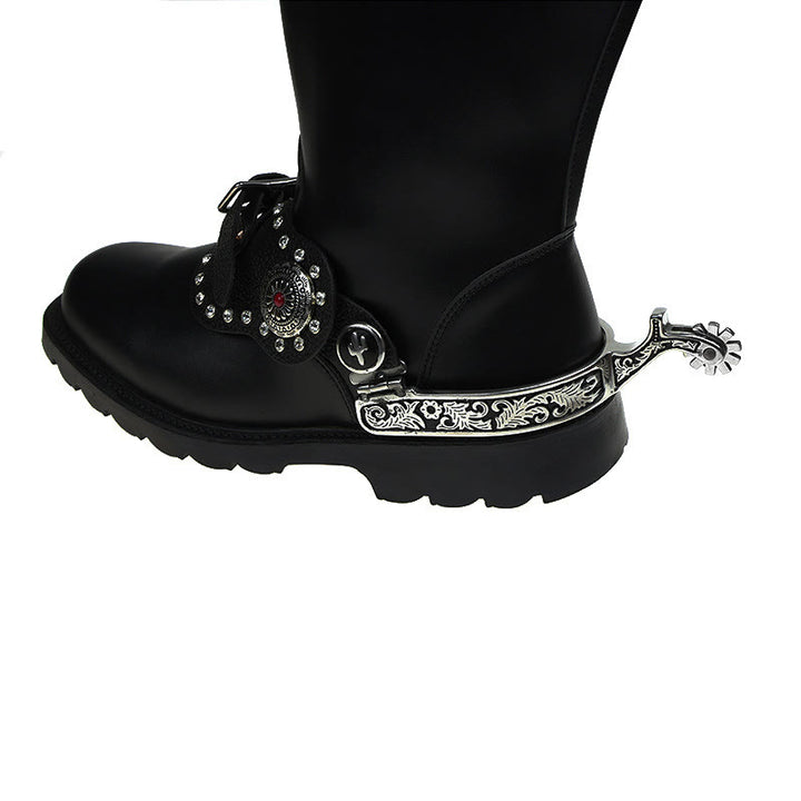 Espuelas vaqueras occidentales con diseño en negro y plateado con engranaje - image 2