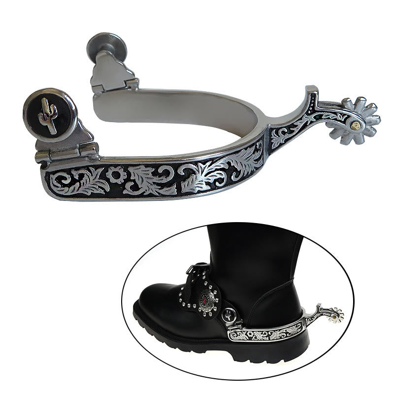 Espuelas vaqueras occidentales con diseño en negro y plateado con engranaje - image 1