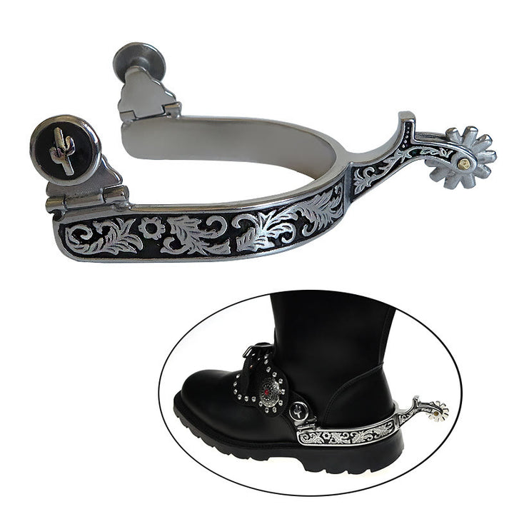 Espuelas vaqueras occidentales con diseño en negro y plateado con engranaje - image 1