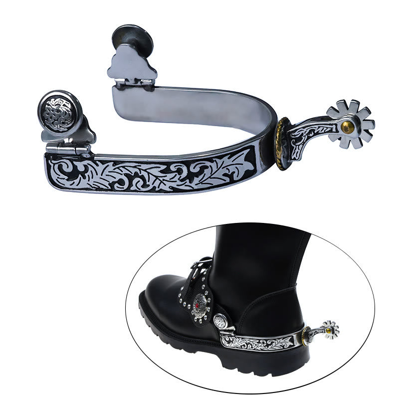 Espuelas de vaquero con hebilla y diseño en negro plateado con engranaje - image 1