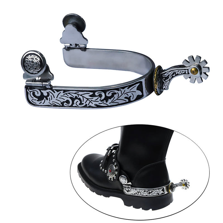 Espuelas de vaquero con hebilla y diseño en negro plateado con engranaje - image 1