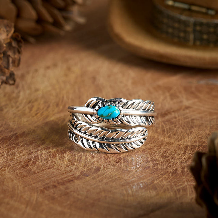 Anillo de plata estilo bohemio con plumas de turquesa incrustadas - Plata - Ajustable - image 0