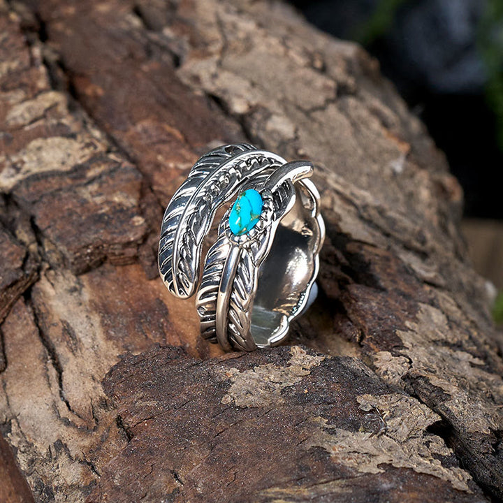 Anillo de plata estilo bohemio con plumas de turquesa incrustadas - image 3
