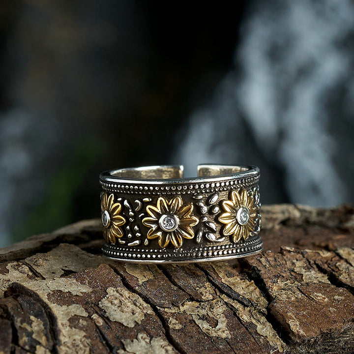 Anillo ajustable retro de plata teñida con flor negra - image 3