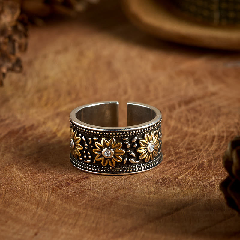 Anillo ajustable retro de plata teñida con flor negra - Plata - Ajustable - image 0