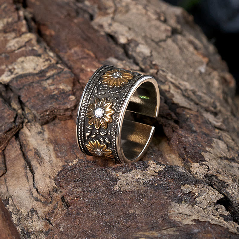 Anillo ajustable retro de plata teñida con flor negra - image 4