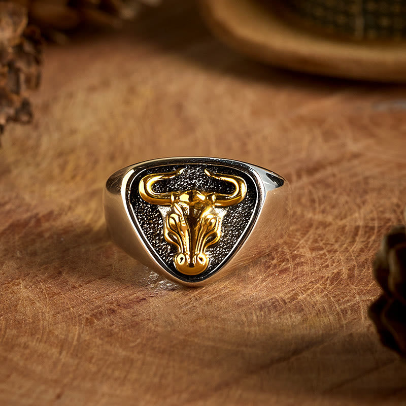 Anillo ajustable con apertura de tótem de caballo y toro de roca dominante para hombre - Oro antiguo - image 0