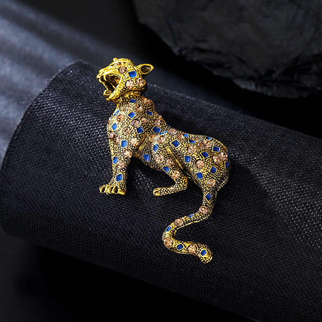 Broche de leopardo cuadrado azul con diamantes tachonados en oro - Dorado - image 0