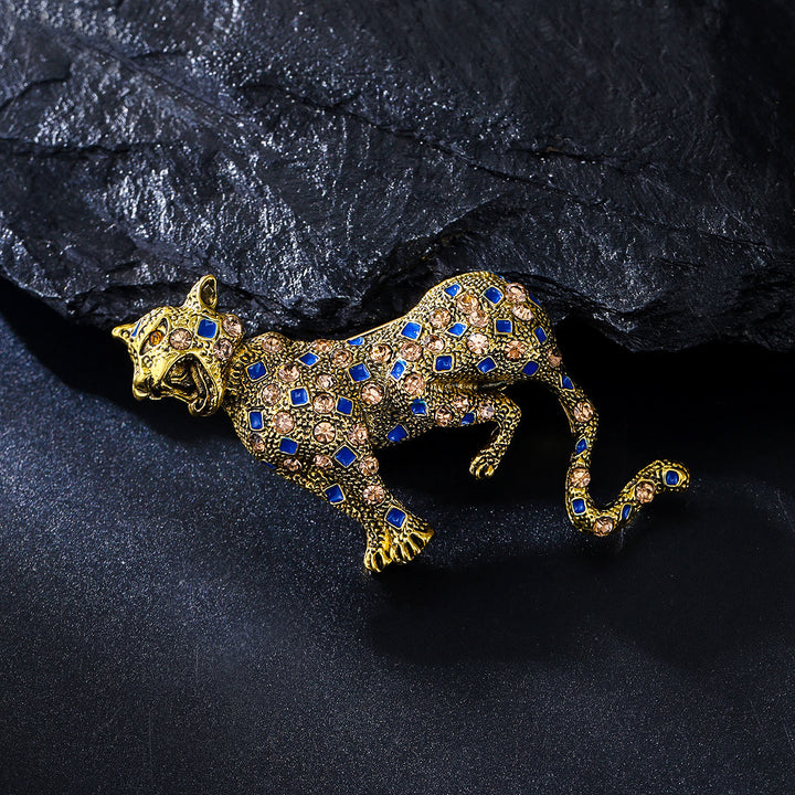 Broche de leopardo cuadrado azul con diamantes tachonados en oro - image 2