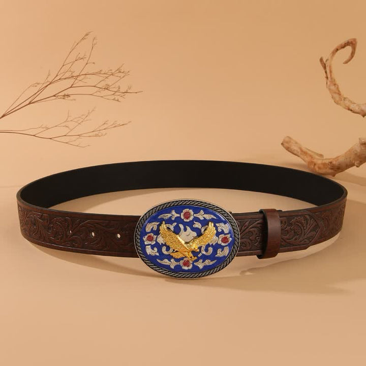 Cinturón de cuero con estampado floral y hebilla azul de águila dorada - image 3