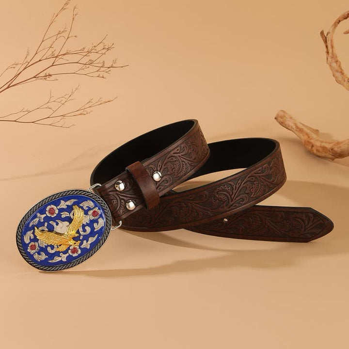Cinturón de cuero con estampado floral y hebilla azul de águila dorada - image 2