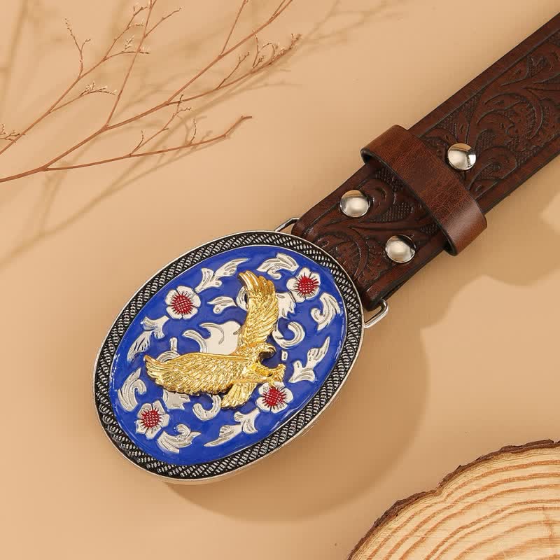 Cinturón de cuero con estampado floral y hebilla azul de águila dorada - image 1