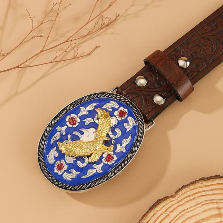 Cinturón de cuero con estampado floral y hebilla azul de águila dorada - image 1