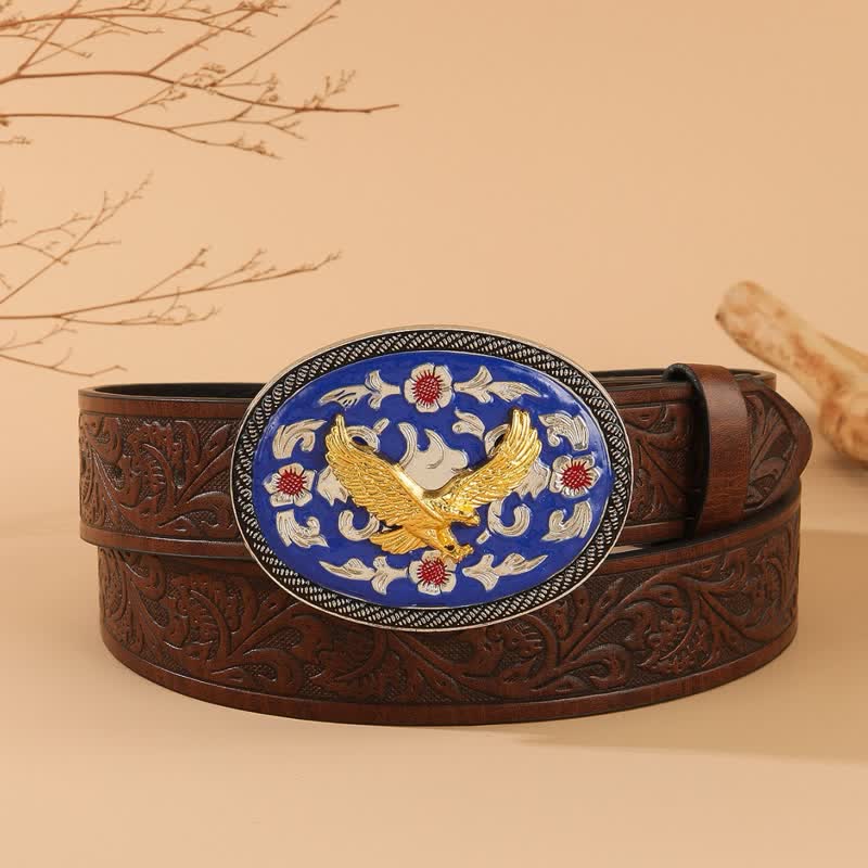 Cinturón de cuero con estampado floral y hebilla azul de águila dorada - Azul y dorado - 40 - image 0