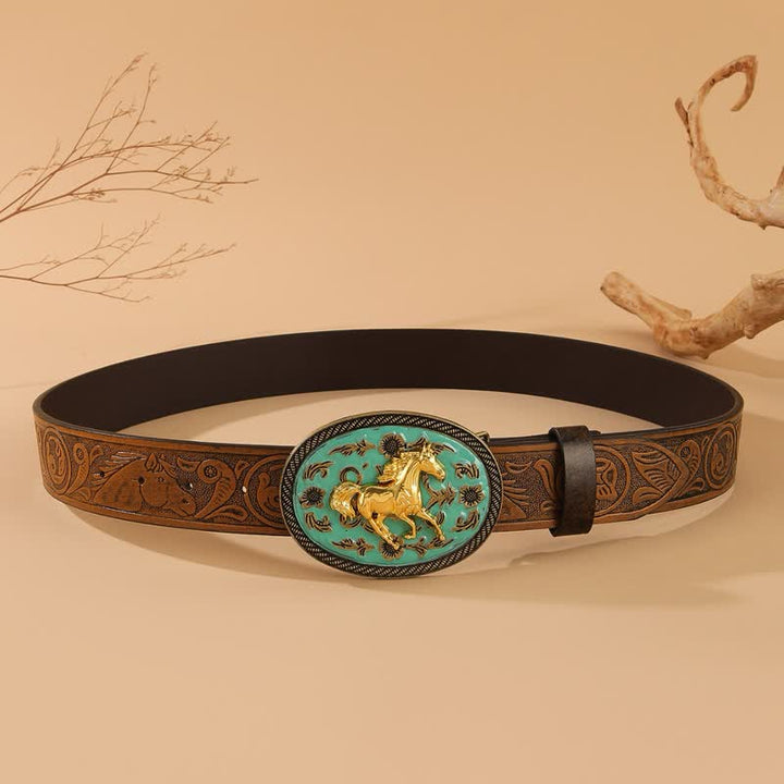 Cinturón de cuero con relieve de caballo y hebilla en tono turquesa de Gold Horse - image 3
