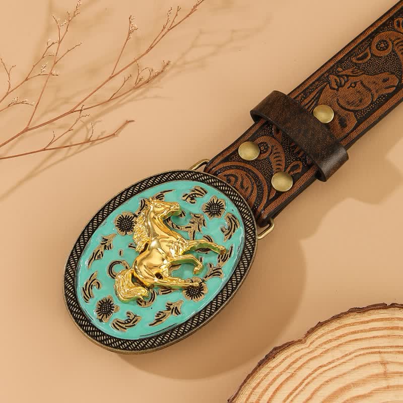 Cinturón de cuero con relieve de caballo y hebilla en tono turquesa de Gold Horse - image 1