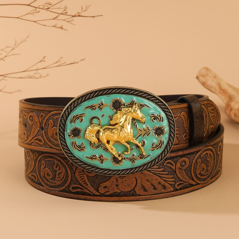 Cinturón de cuero con relieve de caballo y hebilla en tono turquesa de Gold Horse - Turquesa y oro - 40 - image 0