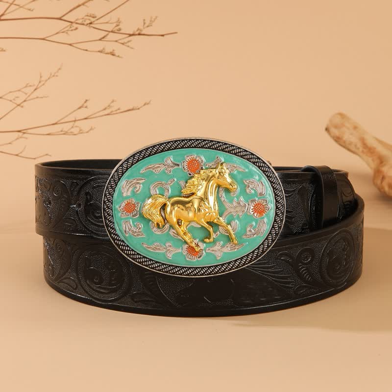 Cinturón de cuero negro con relieve y hebilla en tono turquesa con motivo de caballo - Turquesa y oro - 40 - image 0