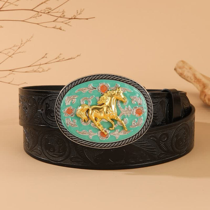 Cinturón de cuero negro con relieve y hebilla en tono turquesa con motivo de caballo - Turquesa y oro - 40 - image 0