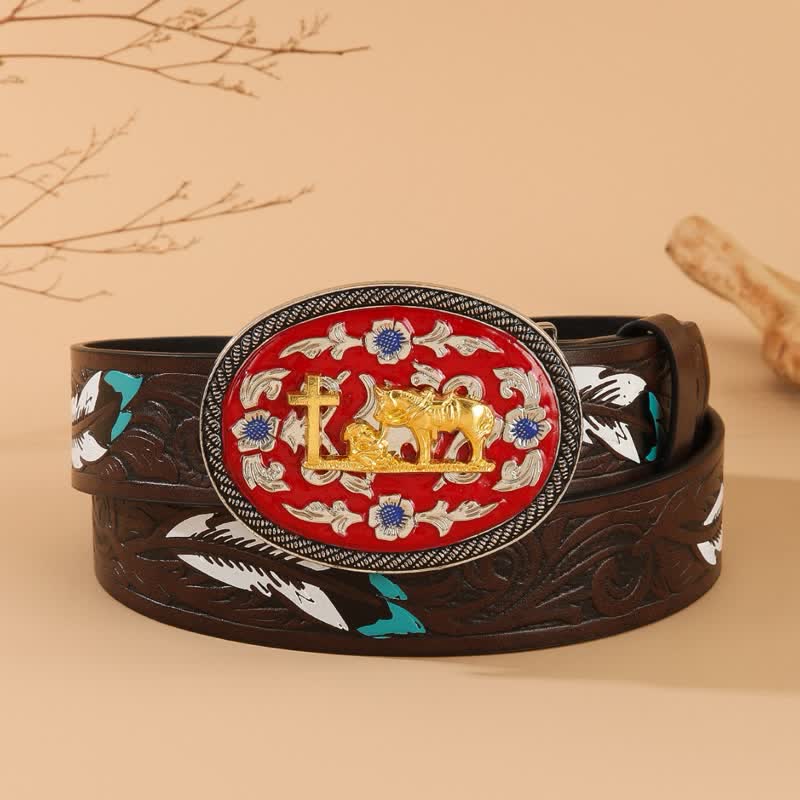 Cinturón de cuero con plumas marrones y hebilla roja con caballo en cruz de oración - Rojo y dorado - 40 - image 0