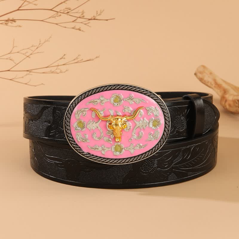 Cinturón de cuero con relieve y hebilla de color rosa con temática de toro - Rosa y oro - 40 - image 0
