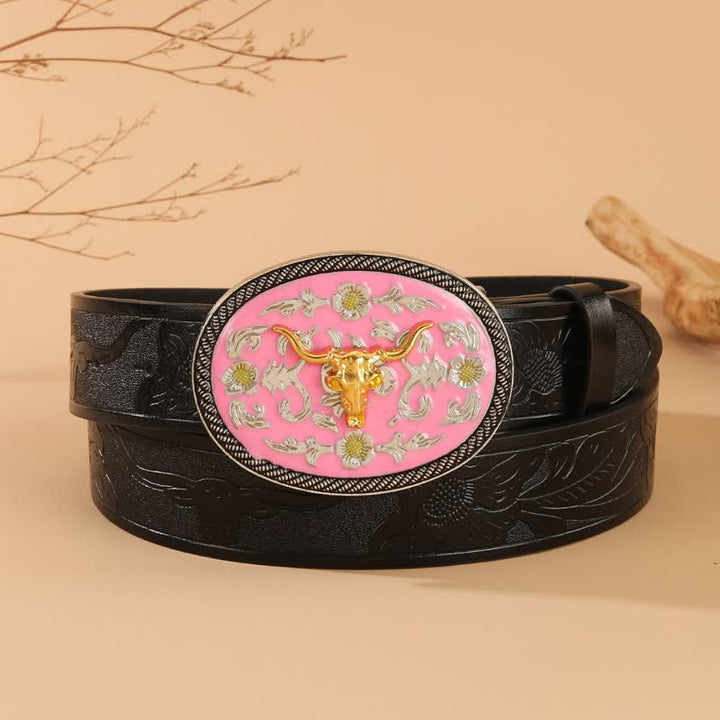 Cinturón de cuero con relieve y hebilla de color rosa con temática de toro - Rosa y oro - 40 - image 0
