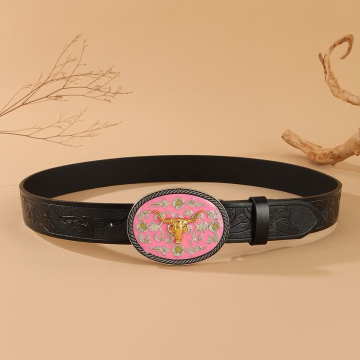 Cinturón de cuero con relieve y hebilla de color rosa con temática de toro - image 3