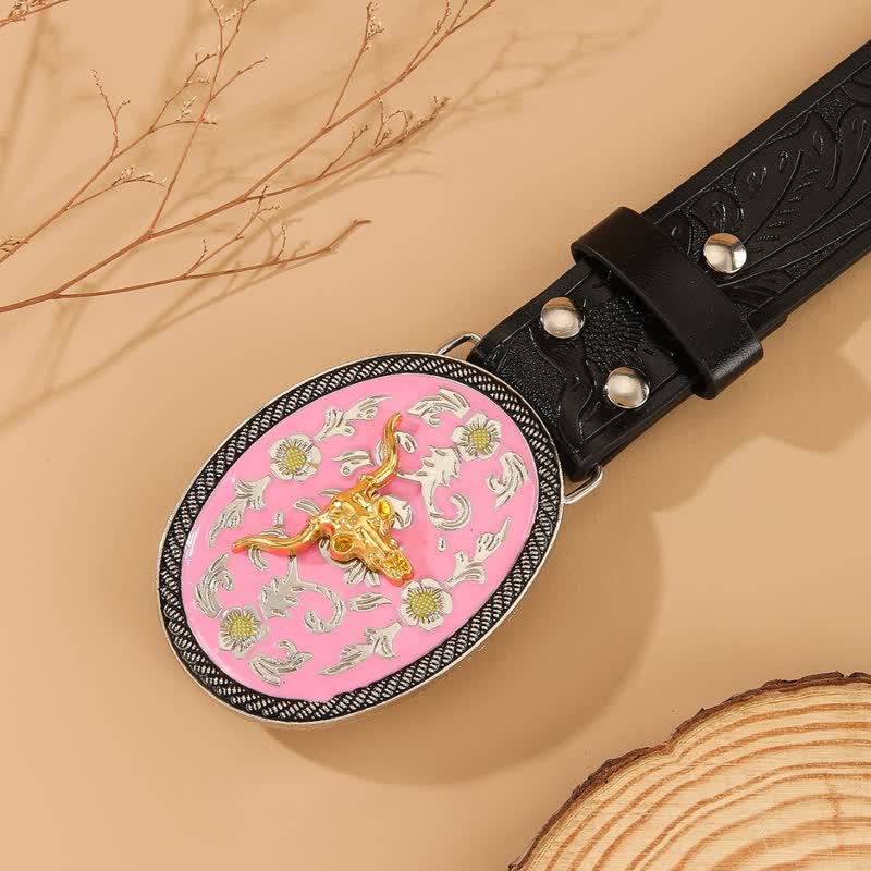 Cinturón de cuero con relieve y hebilla de color rosa con temática de toro - image 1