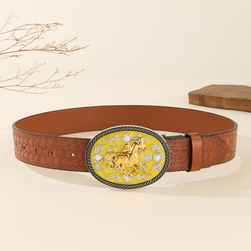 Cinturón de cuero con hebilla en relieve de color amarillo Running Horse - image 3