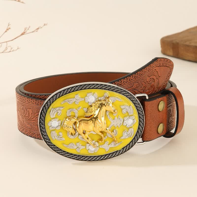 Cinturón de cuero con hebilla en relieve de color amarillo Running Horse - Rosa y oro - 40 - image 0