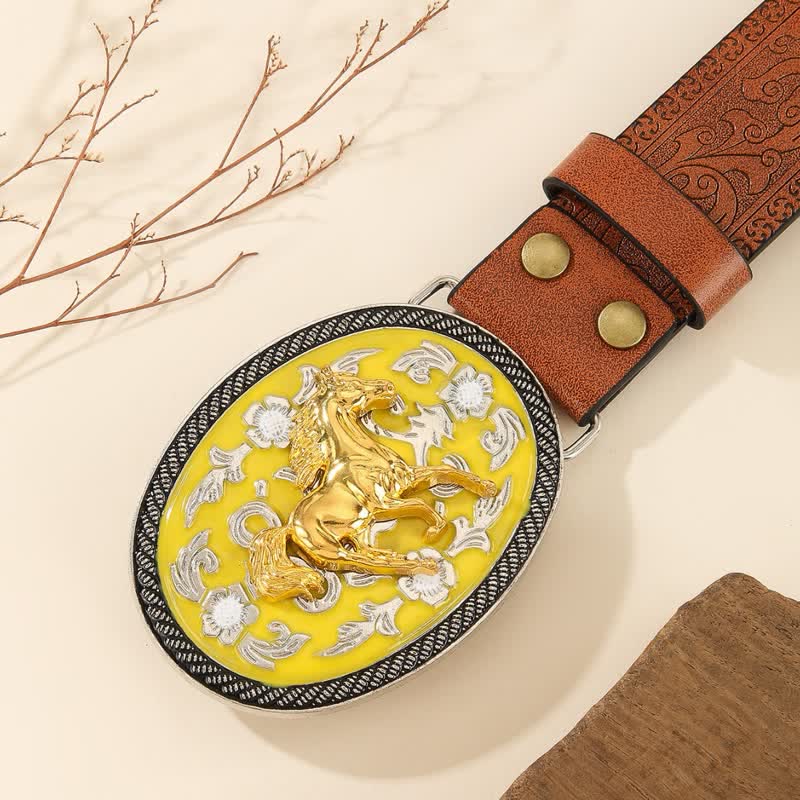 Cinturón de cuero con hebilla en relieve de color amarillo Running Horse - image 1