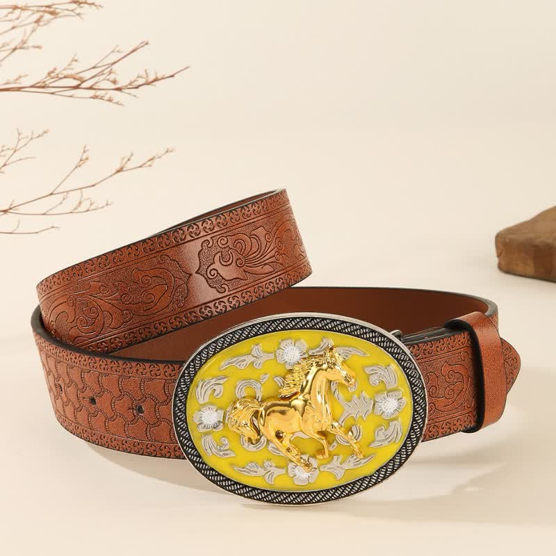 Cinturón de cuero con hebilla en relieve de color amarillo Running Horse - image 2