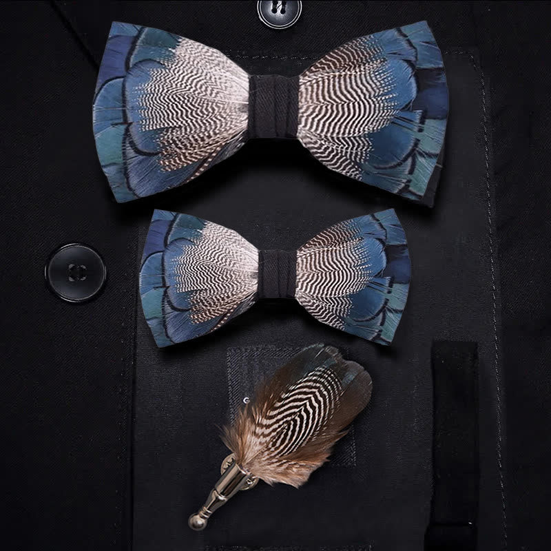 Pajarita con plumas de pato azul azul y blanco y broche de solapa - Conjunto padre-hijo - image 6