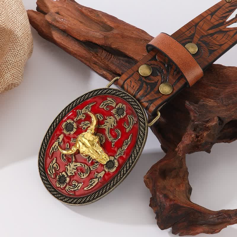 Cinturón de cuero con remaches de plumas y hebilla roja oscura de Longhorn Bull - image 1
