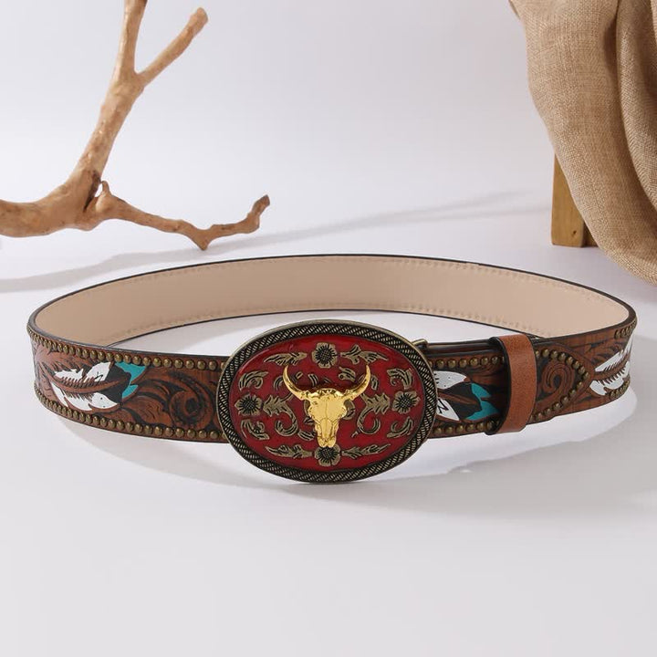 Cinturón de cuero con remaches de plumas y hebilla roja oscura de Longhorn Bull - image 3