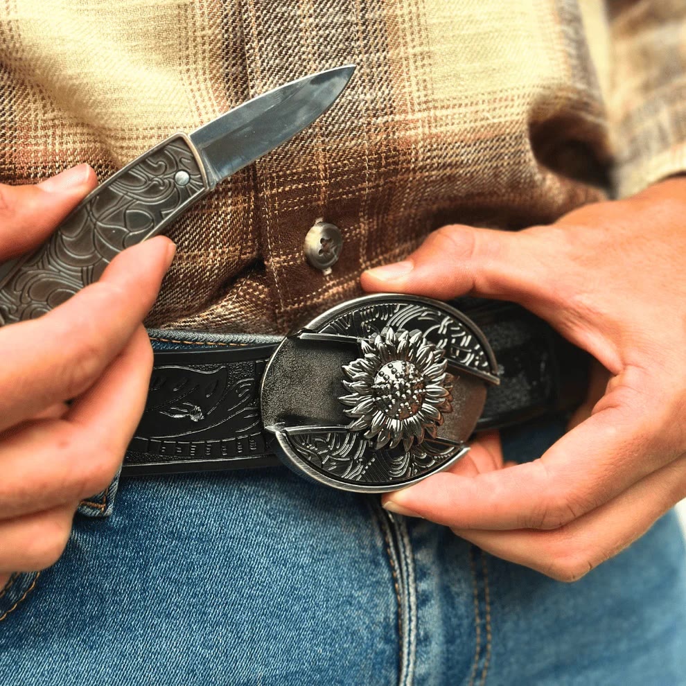 Cinturón de cuero con cuchillo plegable oculto de girasol para hombre - image 5