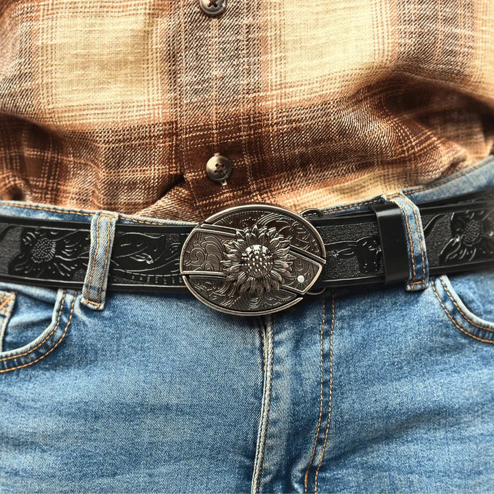 Cinturón de cuero con cuchillo plegable oculto de girasol para hombre - image 4