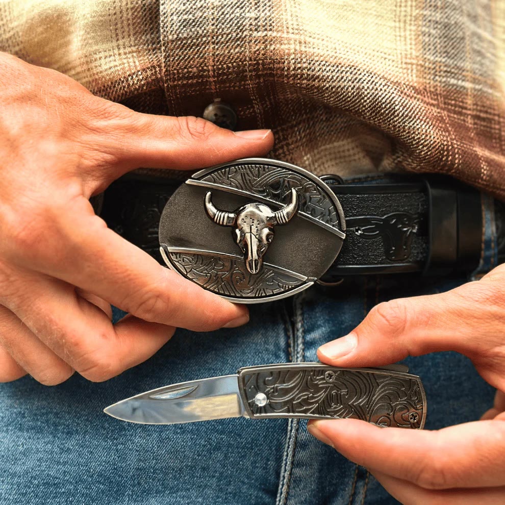 Cinturón de cuero con cuchillo plegable oculto de toro Longhorn para hombre - image 5