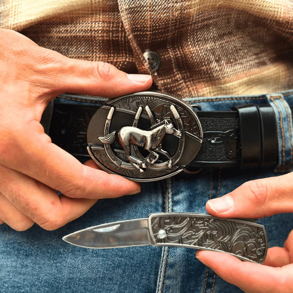 Cinturón de cuero con cuchillo plegable oculto para montar a caballo al galope, hecho a mano por hombres - image 5