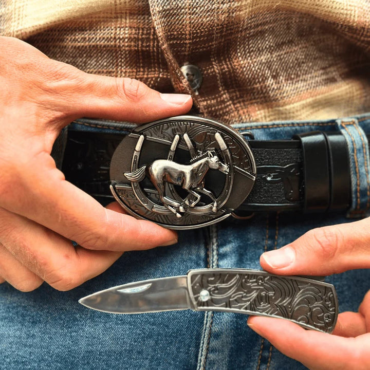 Cinturón de cuero con cuchillo plegable oculto para montar a caballo al galope, hecho a mano por hombres - image 5