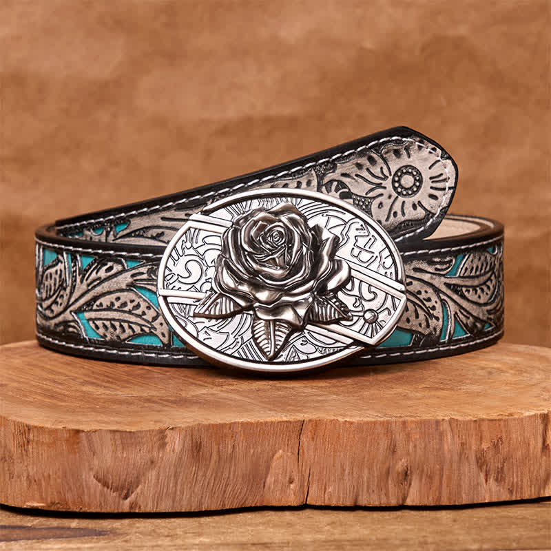 Cinturón de cuero con cuchillo plegable oculto estilo Western Rose para hombre - Rosa occidental - Cinturón floral gris - 42 - image 10