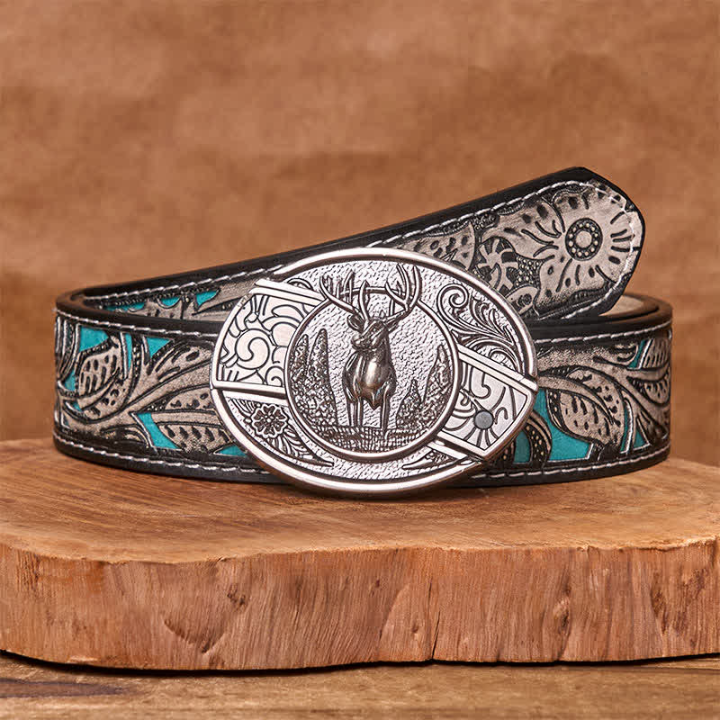 Cinturón de cuero con cuchillo plegable oculto para hombre, hecho a mano con diseño de ciervo del bosque - Ciervo - Cinturón floral gris - 42 - image 12