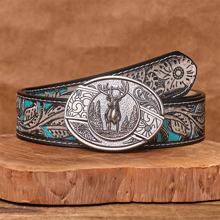 Cinturón de cuero con cuchillo plegable oculto para hombre, hecho a mano con diseño de ciervo del bosque - Ciervo - Cinturón floral gris - 42 - image 12