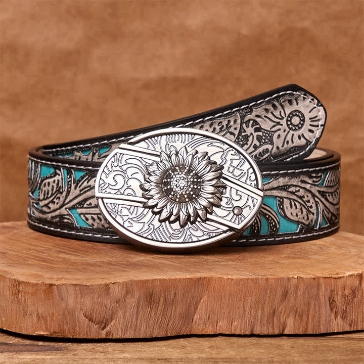 Cinturón de cuero con cuchillo plegable oculto de girasol para hombre - Girasol - Cinturón floral gris - 42 - image 12