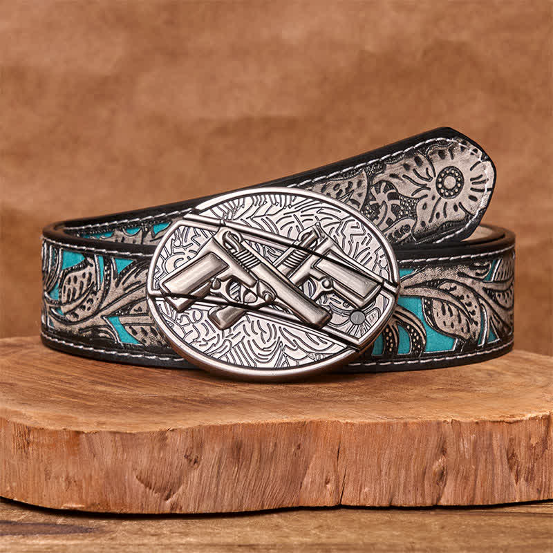 Cinturón de cuero con cuchillo plegable oculto de doble pistola para hombre - Pistola doble - Cinturón floral gris - 42 - image 10