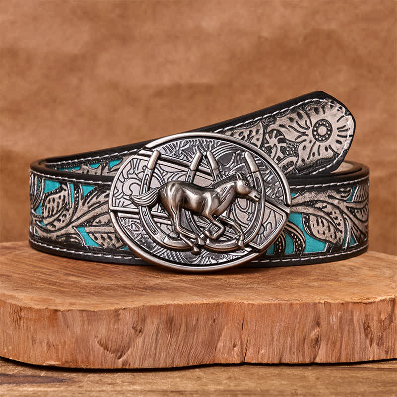 Cinturón de cuero con cuchillo plegable oculto para montar a caballo al galope, hecho a mano por hombres - Caballo al galope - Cinturón floral gris - 42 - image 13