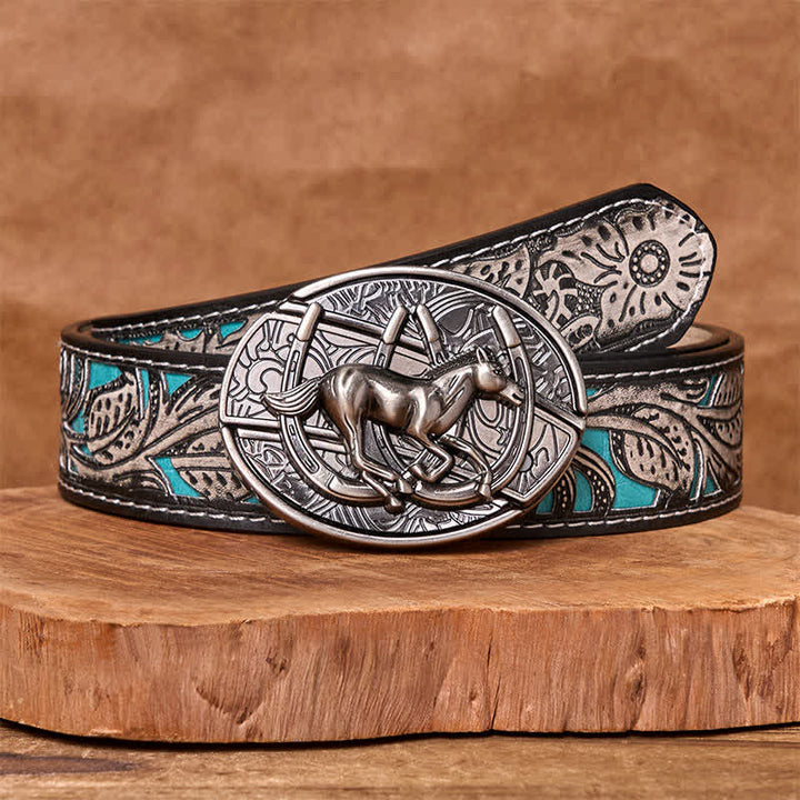 Cinturón de cuero con cuchillo plegable oculto para montar a caballo al galope, hecho a mano por hombres - Caballo al galope - Cinturón floral gris - 42 - image 13